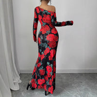 SpringAutumn Elegant Rose-Print Slit Sheath Dress