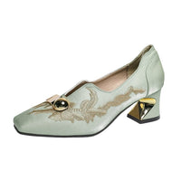 2026 Spring New Women's Chunky Heel Pumps, Versatile Square Toe Deep-V Loafers, New Chinese Style Embroidered High Heels