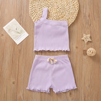 Summer Newborn Baby Cute Infant One Shoulder Solid Knit Sleeveless Vest Tops Shorts 2pcs