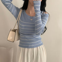Casual Diagonal Collar Off-the-shoulder Strap Striped Color Matching Sweater Top