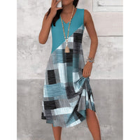 Womens Casual Versatile V-Neck Sleeveless Colorblock Dress