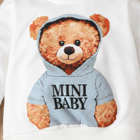 Bear Floral Print Long Sleeve Pullover And Denim Trousers Suit