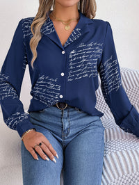 Women's Casual Versatile Letter Print Notched Lapel Long Sleeve Shirt