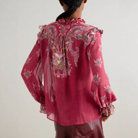Retro-printed Chiffon Long-sleeve Shirt And Ruffled Maxi Skirt Two-piece Set