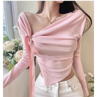 Fashionable Sexy Off-Shoulder Bow-Trimmed Asymmetrical Hem Long-Sleeve Top And Pants Set