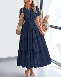 Vneck Pleated Puff Sleeve Layered Maxi Dress For Women