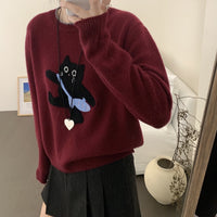 Women's All-match Cartoon Cat Round Neck Knitted Sweater