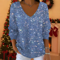 Womens 3D Digital-Print Drop-Shoulder V-Neck Long-Sleeve Pullover Top