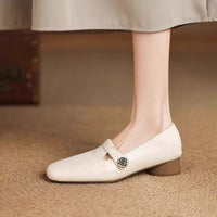 Retro Square Head Genuine Leather Shallow Mouth Shoes Women