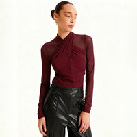 New Round-neck Cross-perspective Mesh Shirred Spliced Top