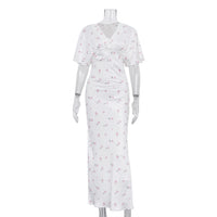 Floral V-neck Short-sleeved High-waisted Bodycon Dress