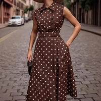 Sleeveless Retro Polka-Dot Collar Fake Button Lace-Up Womens Dress