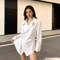 Women's Long-Sleeve Irregularly Shaped, Defined-Waistline Shirt With A Lapel Collar