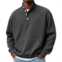 Mens Solid-Color Turtleneck Casual Long-Sleeve Polo Sweatshirt With Pockets For Men Spring Autumn Clothing Loose Button Polo Collar Tees Tops Man Outwear