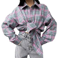 Retro Easy Matching Lapel Loose Plaid Shirt For Women