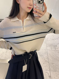 Striped Contrast Color Knitwear Women's Loose Polo Collar Pullover Sweater