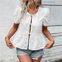 Solid Color Sweet Lace Puff Short Sleeve Shirt