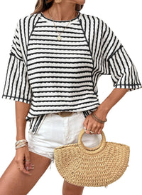 Womens Crew-Neck Pullover T-Shirt Simple, Versatile Striped Half-Sleeve Tee In European And American Style