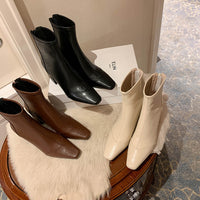 Womens Off-white Elastic High-heeled Boots With A Small Square Toe
