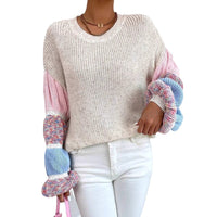 Sweater Women's Round Neck Pullover Contrast Color Puff Sleeve