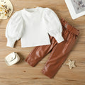 Children's Clothing Girls Small Fashionable Puff Sleeve Trendy Straight Leather Pants Including Belt Autumn And Winter Suit