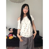 Retro Wing Embroidery Full-Print Star Loose Top For Women