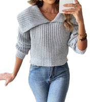 Women's Navy Style Short Top Large Lapel Pullover Sweater