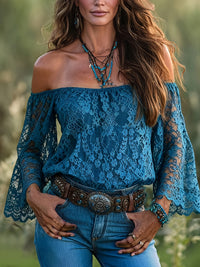 Womens Long-sleeve Lace One-shoulder Blouse