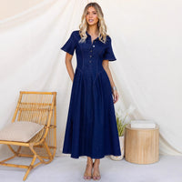 Elegant Waist Cinched Womens Denim Swing Dress With Short Sleeves