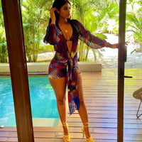 Digital Mesh See-through Swimsuit Bikini Three-piece Set