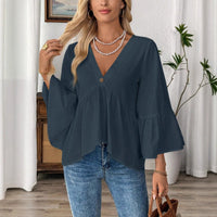 Women's Solid-Color V-Neck Top With Ruffle Sleeves