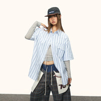 Blue Striped Short-sleeved Shirt Women's Loose Casual