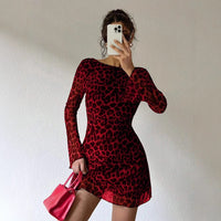 European And American-style Sexy Backless Leopard-print Long-sleeve Dress