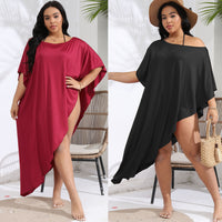 Women's Resort Beach Cover-Up Boat-Neck Off-Shoulder Asymmetrical Dress