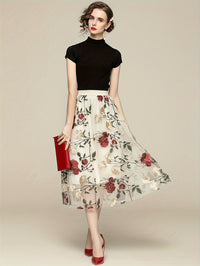 Women's Vintage High-waisted Embroidered Peony Midi Skirt