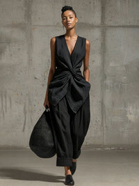 Waist-cinching Tie-front V-neck Sleeveless Top Wide-leg Pantsuit