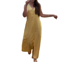 Womens Solid Color V Neck Sleeveless Casual Loose Cotton Linen Dress