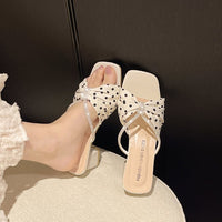 2026 New Square Toe Polka Dot Rhinestone Bow One Strap Block Heel Mules Women Outdoor Elegant Sandals