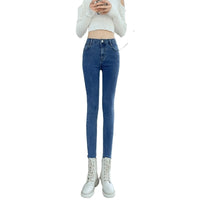 Dark Blue Jeans Women's High Waist Spring Stretch Slimming Skinny Close-fitting Fleece