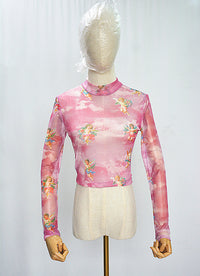 Women's Mesh Hollow-Out Butterfly Print Long-Sleeve Base Shirt