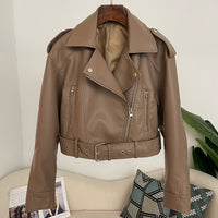 Women's Spring And Autumn Lapel Short Fashionable Casual Figure Flattering Leather Coat