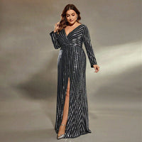 Long Striped V-neck Evening Gown New Design