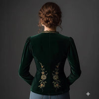 Womens V-neck Retro Black Velvet Shirt With Puffed Sleeves