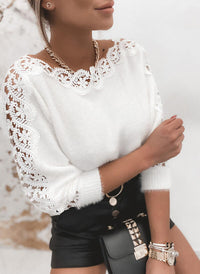 Elegant Boat-neck Lace Stitching Sleeve Knitted Sweater