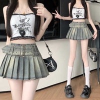 High-waisted Ultra-short Denim American Retro Bad-girl Style Sexy A-line Pleated Skirt