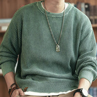 Pineapple Pattern Waffle Thick Needle Washed Round Neck Sweater