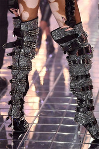 Hot-stone-embellished Skull-toe Studded Pointed-toe Over-the-knee Boots