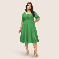 Retro Square-Neck Puff-Sleeve Waist-Cinched Slimming Green Midi Dress
