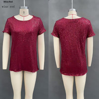 Women's Commuter Sequin Loose Crew Neck Short-Sleeve Top