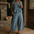 Womens Ruffled Hem Sleeveless Tank Top And Cropped Pants Cotton-Linen Set
